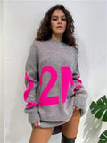 Women Letter Print Sweaters Casual Long Sleeve O-Neck Knitted Pullover Fashion 2022 Autumn Winter Lady Oversized Jumper