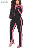 Winter Two Piece Set Tracksuit For Women Long Sleeve Striped Coat And Skinny Pants Sweat Suits Casual Sportswear