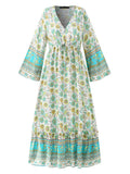 2022 Celmia Bohemian Summer Long Maxi Dress Women Sexy V-neck Floral Printed Party Vestidos Flare Sleeve Bandage Beach