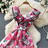 Elegant Dress Women's Summer Famous High-End Feel Lotle Side V-Neck Waist Thin Print Large Swing