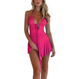 Summer Dress 2000s Women Casual Solid Color Spaghetti Strap Sleeveless A Line Mini Dress Ruffle Hem Party Dresses