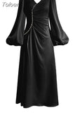 Elegant Women's Dress New Fashion V-neck Beading Waist Three-quater Sleeve Mid-calf Dresses Female Autumn 2023