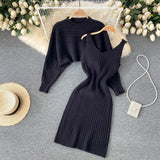 Women Sexy Knitted Two Pieces Suits Short Loose Pullover Top+Midi Camis Dress Striped Winter Streetwear Sweater