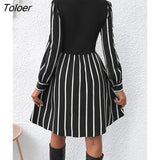 Striped Print Short Dress Fashion Black Puff Sleeve Dress Casual Elegant Button A-line New In Dresses