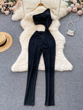 Hollow Out One-shoulder Jumpsuits Women Summer High Waist Sheath Rompers 2022 Fashion Straight Casual Long