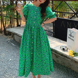Casual Vestidos Floral Dresses Ladies Short Sleeve Retro Print Long Dress Female 2023 M-4XL Loose Green Women Dress