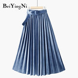 Autumn Winter Skirt Women With Belt Long Metallic Silver Maxi Pleated Skirt Midi High Waist Fashion Vintage Saia