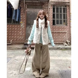 Daily Commute Relaxation Green Knitted Jersey Folded Vest Coat Wide Leg Trousers