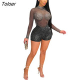 Diamonds Rompers And Jumpsuits Summer Sexy Short Jumpsuits For Women Casual Mesh See Through Long Sleeve Romper