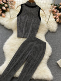 Summer Shiny Diamonds Decor Women Two Piece Set Black Stand Collar Sleeveless Short Tops + High Waist Pencil Pants Suit