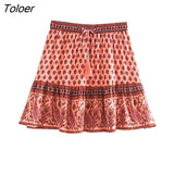 Hippie Floral Printed Mini Skirts Vintage Elastic Tassel Faldas Summer 2023 Beach Boho Casual Clothes Short Women