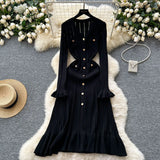 Scented Dress Women's Autumn And Winter Set High-End Feeling V-Neck Metal Buckle Slimming Lotus Leaf Side Knitting