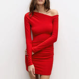 Toloer Women's Fall 2024 New Solid Color Long Sleeve One Shoulder Diagonal Collar Sexy Hip Dress Mini-Outfit