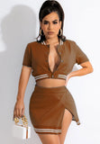 Fashion Sport Baseball Short Sleeve Crop Top And Slit Skirt 2 Piece