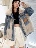 2022 Women Winter Fashion Thick Faux Fox Fur Jackets Female Patchwork Denim Coats Ladies Long Sleeve Loose Warm