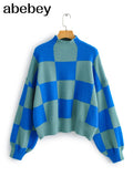 Women 2022 Fashion Plaid Pattern Oversized Turtleneck Sweater Lantern Long Sleeve Female Pullovers Chic Tops