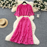High-End Squeal Hook Lace Set Women's Summer Fashion Short Horn Sleeve Shirt High Waist