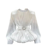 French-Style Waist-Low-Down Shirt Female Careful Machine Strap Design With A Chic Folded Lotus Leaves Hem French