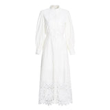 TWOTWINSTYLE Green Dresses For Women Stand Collar Puff Sleeve High Waist Hollow Out Slim Dress Female Style Summer 2022