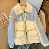 2022 Winter Warm Parka Patchwork Jacket Female Loose Lambswool Coat Women Motorcycle Jacket Cotton Padded Female