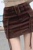 Mini Cargo Skirt Denim Women Y2k Vintage High Waist Belt Pocket Sexy Slim Pencil Skirt Korean Streetwear Summer