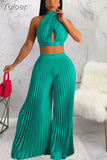 Spring Summer Two Piece Pant Suits Sexy Off The Shoulder Backless Crop Top and High Waist Pleated Wide Leg Long Trouser