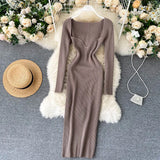 For Women 2022 Sexy Strapless Ribbed Knitted Bodycon Dress Women Winter Long Sleeve Midi Sweater Dress