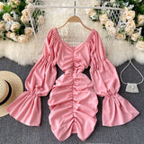 Elegant Solid Dress Women Ruched V Neck Flare Sleeve Slim Dresses Autumn Korean Fashion Streetwear Short