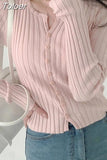 Ribbed Cotton Knitted Top Pink Japanese Fashion Softcore Kawaii Cropped Top Autumn Casual Basic Cardigan Women