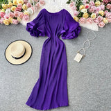 Casual Round Neck Flare Short Sleeve Pleated Long Dress Vintage High Waist Ruffles Female Vestidos New Fashion Robe Mujer