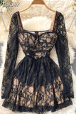 Black Lace Dress Women Sexy Hollow Out Mini Party Dress Square Collar Full Sleeve Slim Waist A-line Clubwear Robe