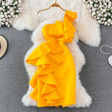 Sexy Skew Collar One Shoulder Ruffle Party Bodycon Dress Women Summer Orange/Blue/White High Waist Slim Vestidos Female Robe