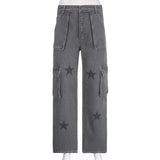 Star Print Gray Low Rise Cargo Jeans Grunge Clothes Y2k Aesthetic Womans Pants Streetwear Denim Trousers