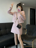 Fragrance Vintage Tweed Two Piece Set Women Crop Top Woolen Short Jacket Coat + Mini Skirts Sets Pink Two Piece