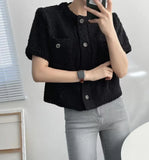 Korean Cardigan Women Clothing Short Sleeve Single Breasted Sweater O Neck Knit Black Tops 2023 Fashion White Coat
