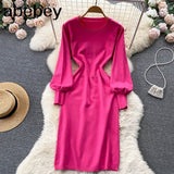 Women Autumn French Knitted Dress O Neck Long Sleeve Sheath Dress Office Lady Fashion Solid Mid Long Sweater