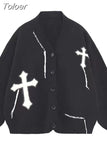 Y2k Grunge Sweater Cardigan Women Korean Streetwear Autumn Loose Black Goth Long Sleeve Top Button Knitted Sweater