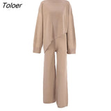 Office Elegant Pant Sets Turtleneck Irregular Sweater Outfit Autumn Winter 2 Piece High Waist Wide Leg Pant Suit Women