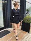 Fashion Black Elegant Dresses For Women Bodycon O-Neck Lantern Sleeve Mini Dress Lady Streetwear Vintage Pleated