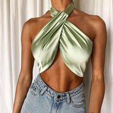 Silky Satin Halter Backless Crop Top For Women 2021 Summer Sleeveless Summer Fashion Outfit Party Criss Cross Wrap