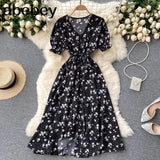 button floral print V Neck Long Dress Summer Party elastic waist dress Women elegant tunic split beach