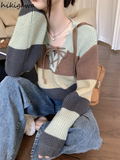 Striped Sweaters for Women V-neck Long Sleeve Jumper Pull Femme Y2k Tops Knitted Casual Cropped Pullovers Ropa
