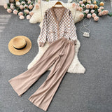 Plaid Knitted Two Pieces Suit Women Loose Knit Cardigan +Wide Leg Knitted Long Pant 2022 Winter OL Casual Sweater