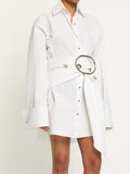 Fashion Women's Shirt Dress Lapel Single Breasted Long Sleeve Metal Buckle Belt Pink Mini Dresses Summer 2023 New