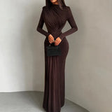 Autumn And Winter New Fashion Temperament Solid Color Collar Long Sleeve Folded Dress Dress