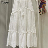 Boho Elegant White Long Skirt Women Hook Flower Hollow Folds Hem High-waisted Skirts Casual Holiday Female Clothes