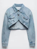 Fashion Women's Short Denim Jackets New Lapel Long Sleeve Pocket Single Breasted Solid Coat Female Autumn 2023