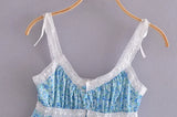 Summer New Floral Print Lace Folds Single-Breasted Spaghetti Strap Pajamas Suit Crop Top Women Camisole