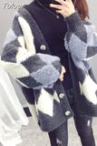Sweater Cardigan Women Autumn Winter Korean Thick Knit Cardigans Argyle Oversized Hit Color Knitwear Outwear Coat