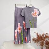 Fashion Set Women's Summer French High-Grade Folding Print Short-Sleeved Top + Loose A Word 100-Fold Long